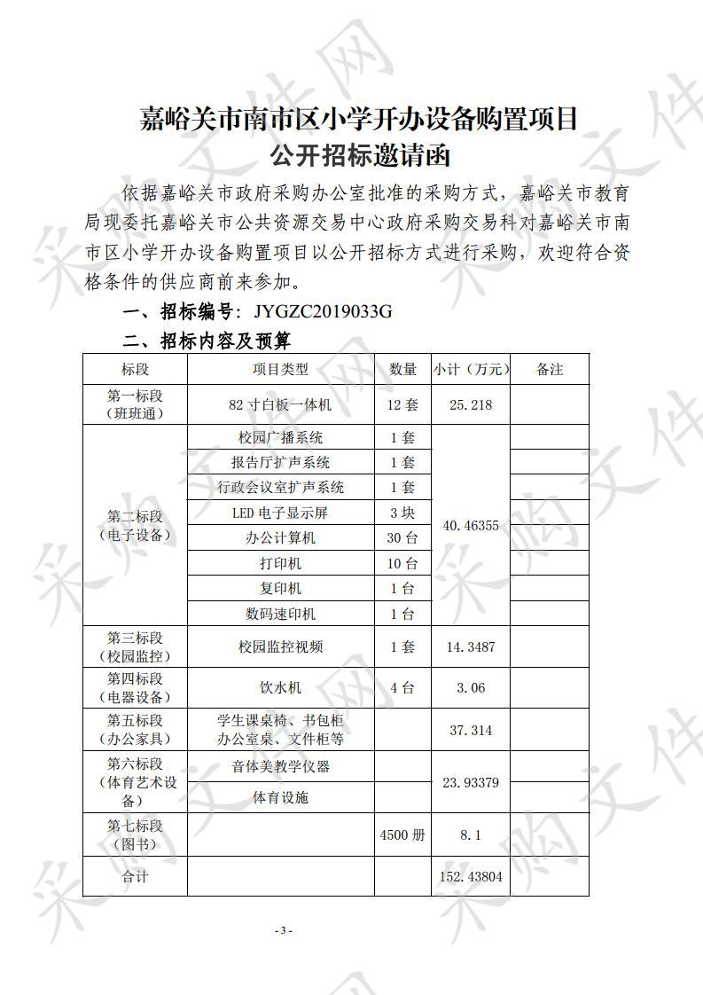 嘉峪关市南市区小学开办设备购置项目