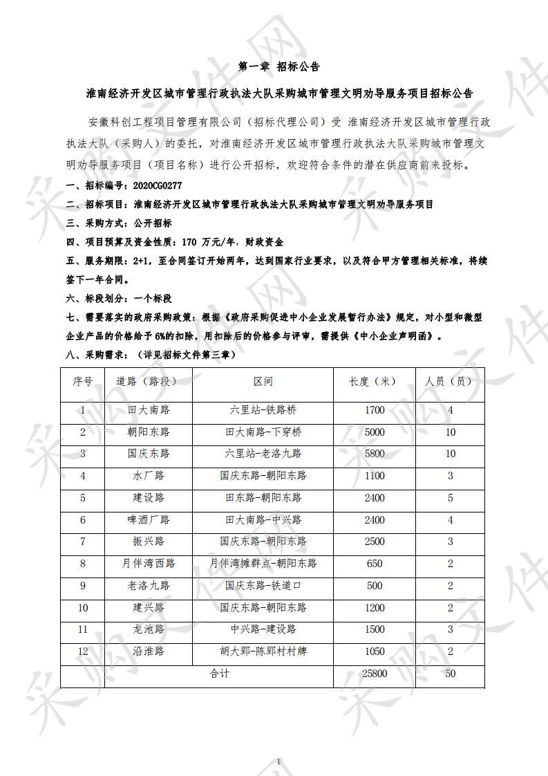 淮南经济开发区城市管理行政执法大队采购城市管理文明劝导服务项目