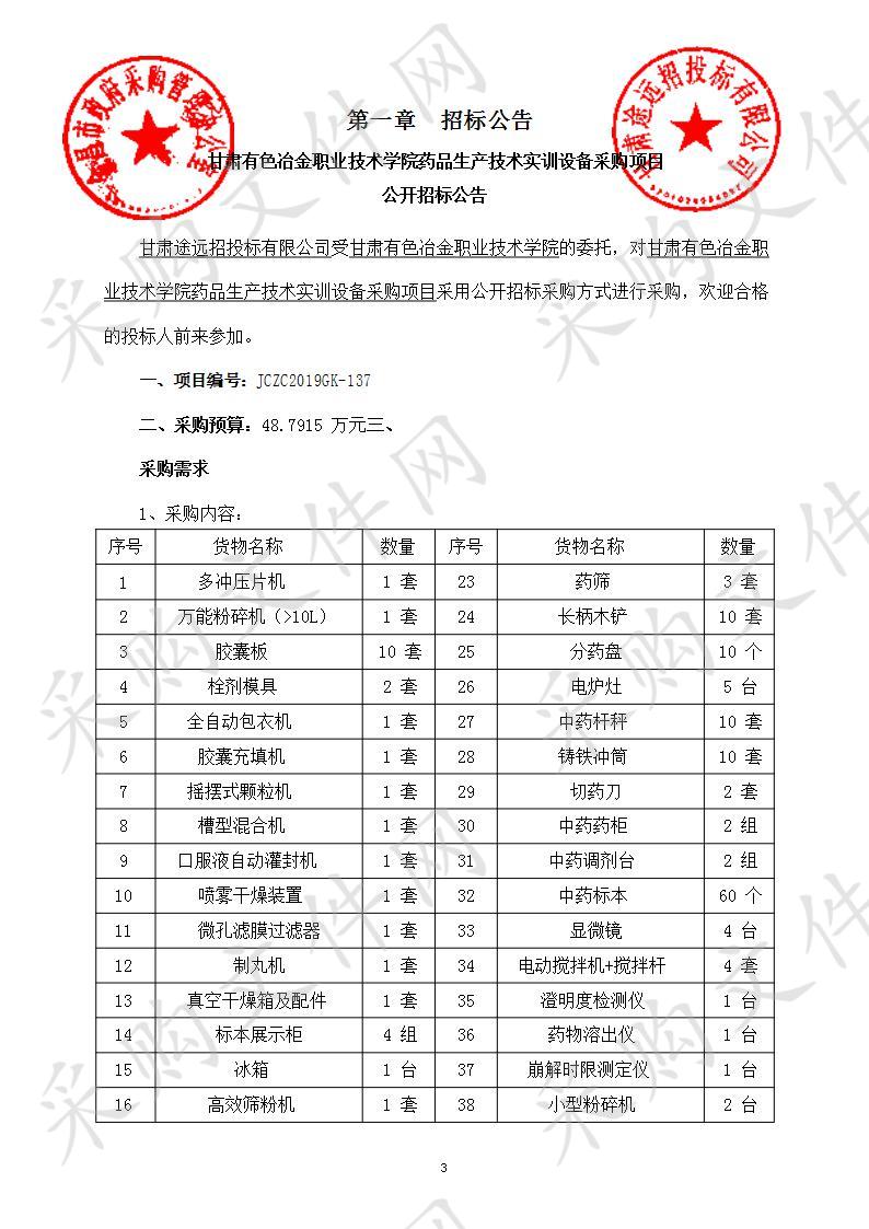 甘肃有色冶金职业技术学院药品生产技术实训设备采购项目