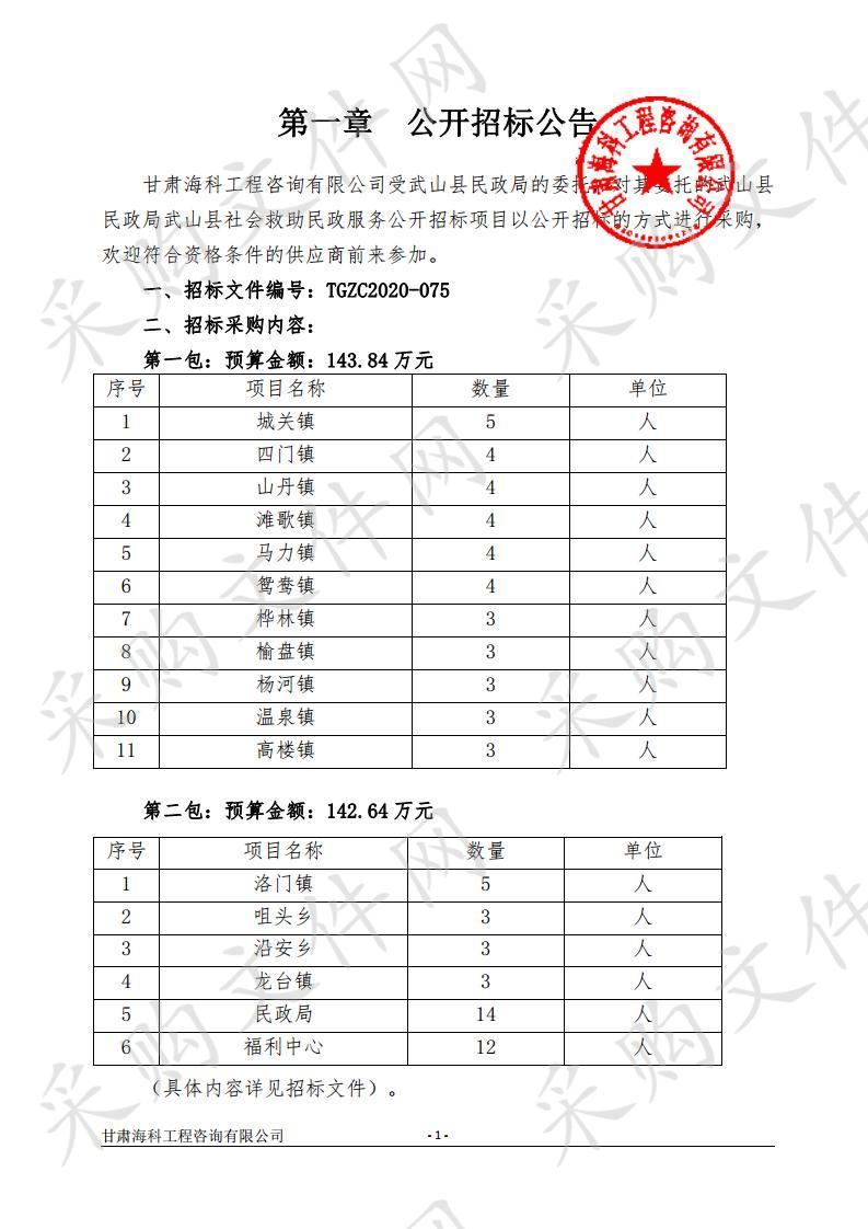 武山县民政局武山县社会救助民政服务公开招标项目二包