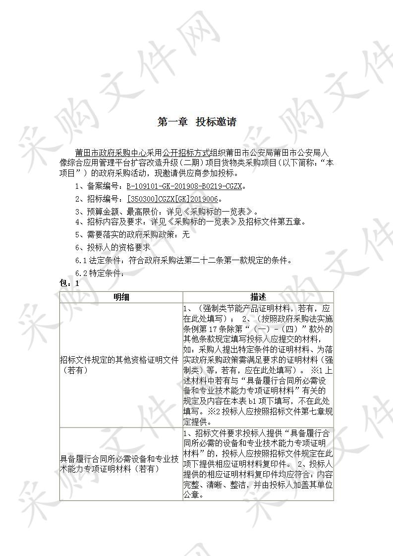 莆田市公安局莆田市公安局人像综合应用管理平台扩容改造升级（二期）项目货物类采购项目