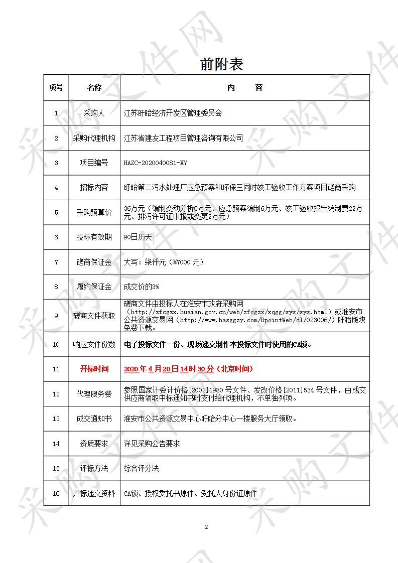 盱眙第二污水处理厂应急预案和环保三同时竣工验收工作方案项目