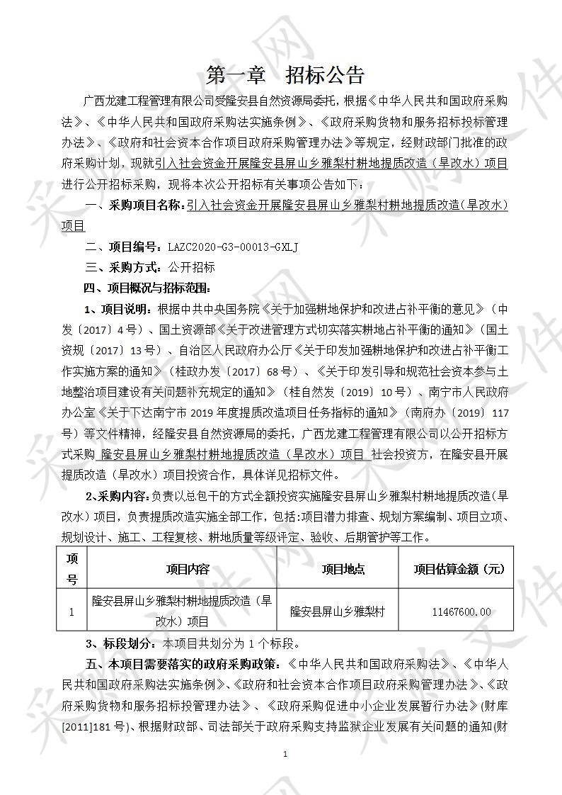  引入社会资金开展隆安县屏山乡雅梨村耕地提质改造（旱改水）项目