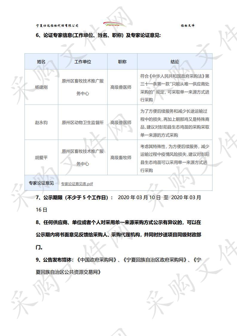 彭阳县农业农村局所需彭阳县生态鸡鸡苗政府采购项目