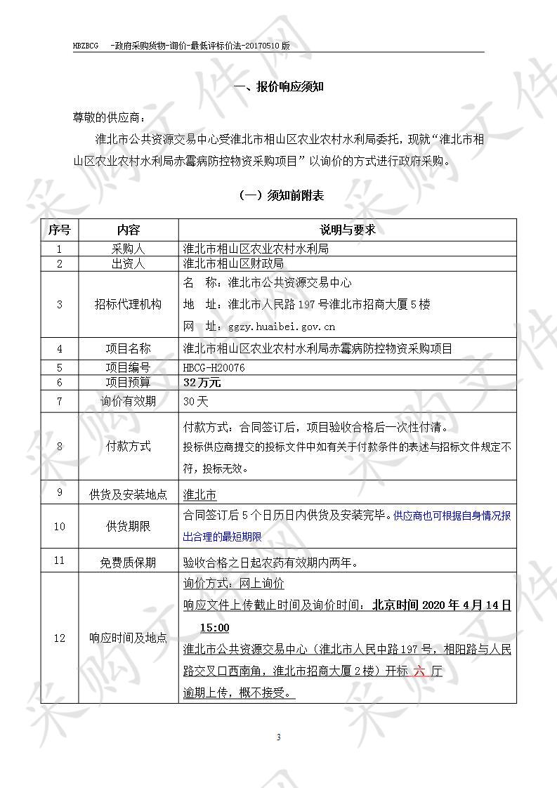 淮北市相山区农业农村水利局赤霉病防控物资采购项目