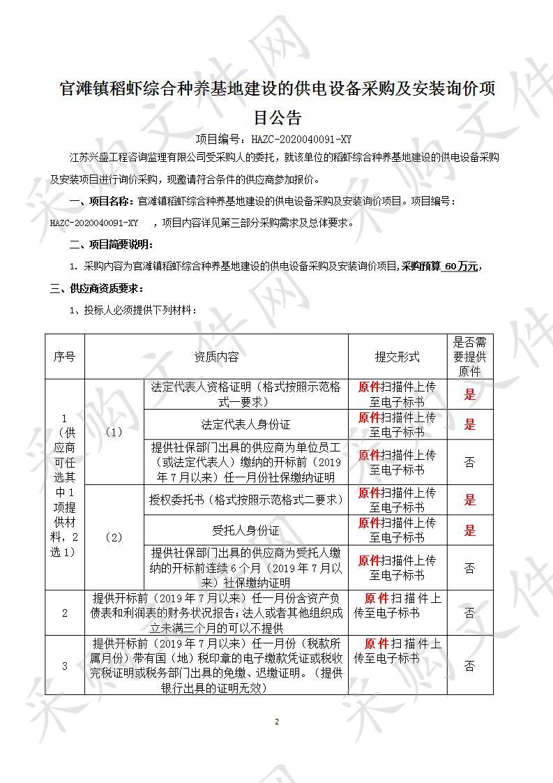 官滩镇稻虾综合种养基地建设的供电设备采购及安装询价项目