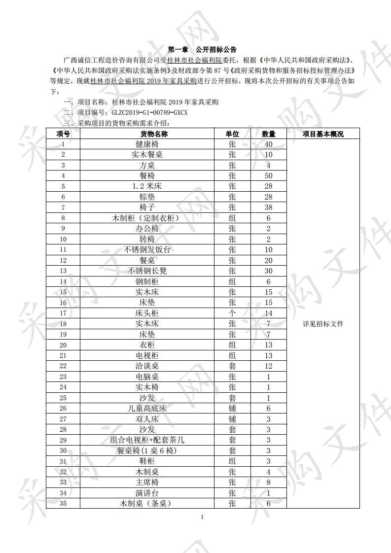 桂林市社会福利院2019年家具采购