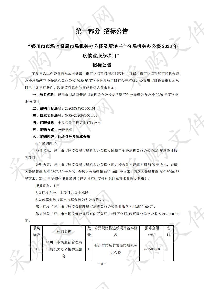 银川市市场监督局市局机关办公楼及所辖三个分局机关办公楼2020年度物业服务项目（一标段）、（二标段）