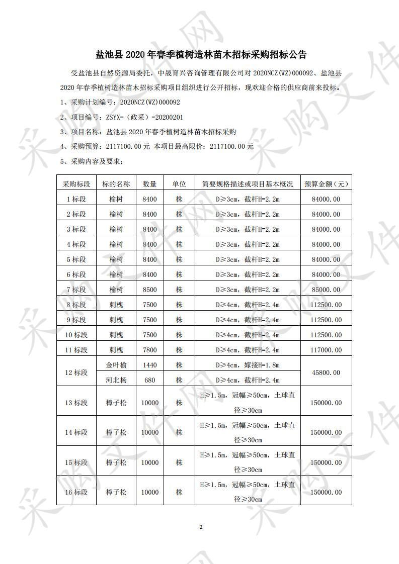 盐池县2020年春季植树造林苗木招标采购1标段、2标段、3标段、4标段、5标段、6标段、7标段、8标段、9标段、10标段、11标段、12标段、13标段、14标段、15标段、16标段、17标段、18标段