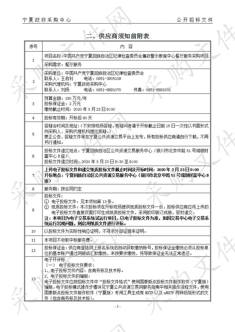 中国共产党宁夏回族自治区纪律检查委员会廉政警示教育中心餐厅服务采购项目