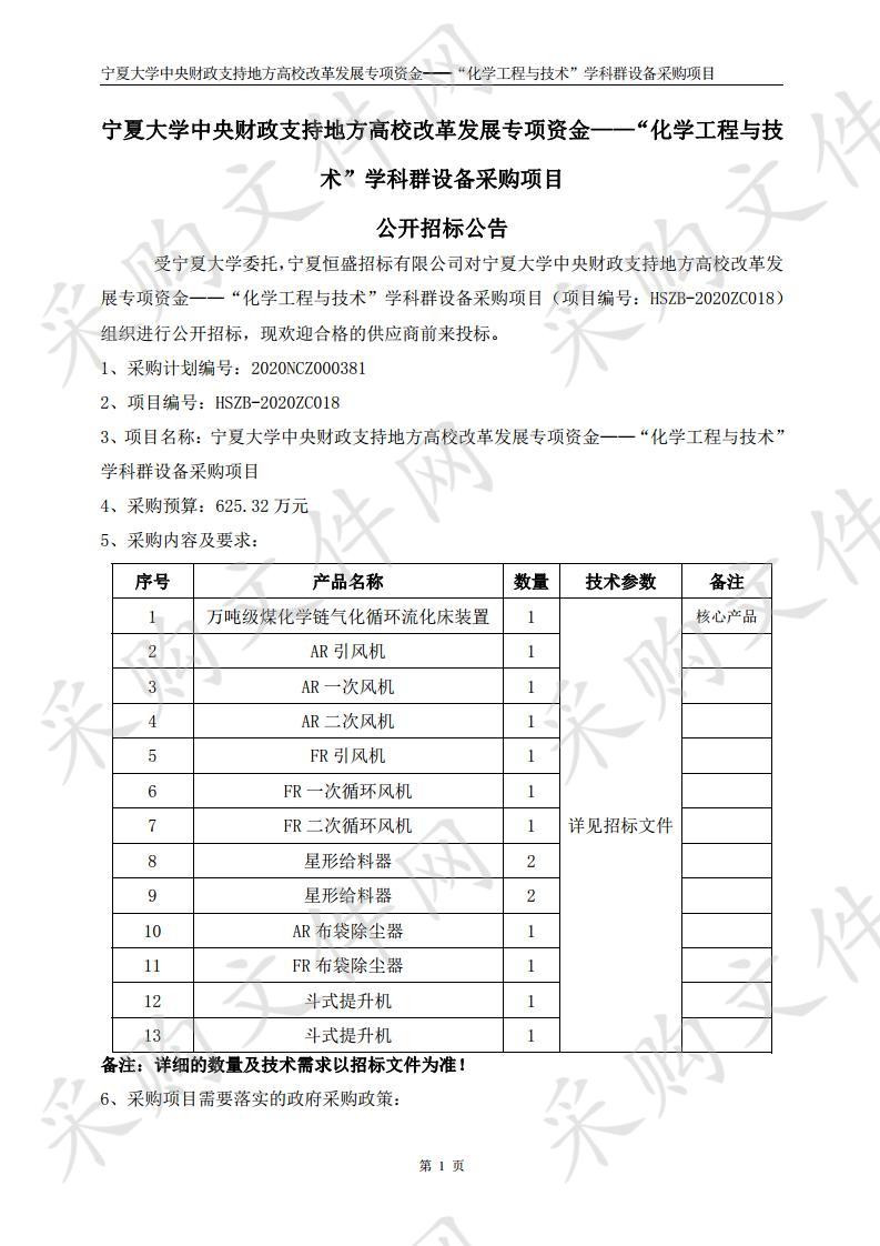 宁夏大学中央财政支持地方高校改革发展专项资金——“化学工程与技术”学科群设备采购项目