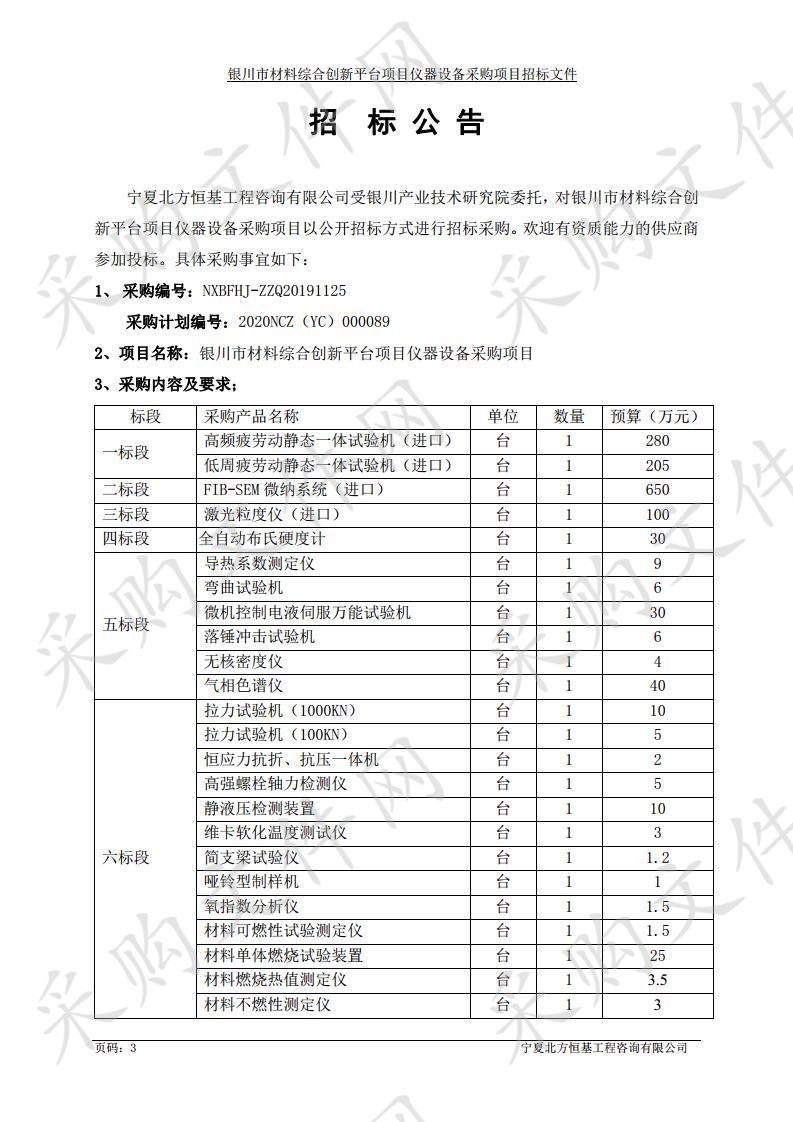 银川市材料综合创新平台项目仪器设备采购项目