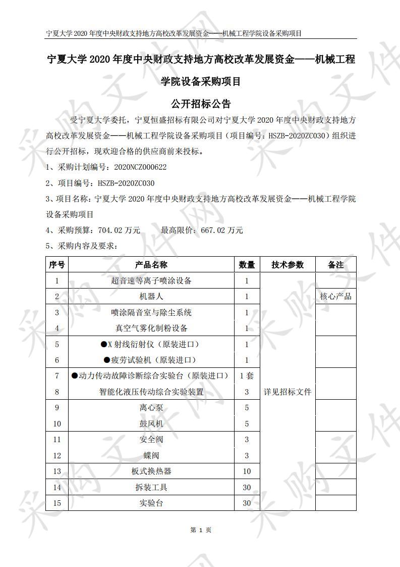 宁夏大学中央财政支持地方高校改革发展专项资金——机械工程学院设备采购项目