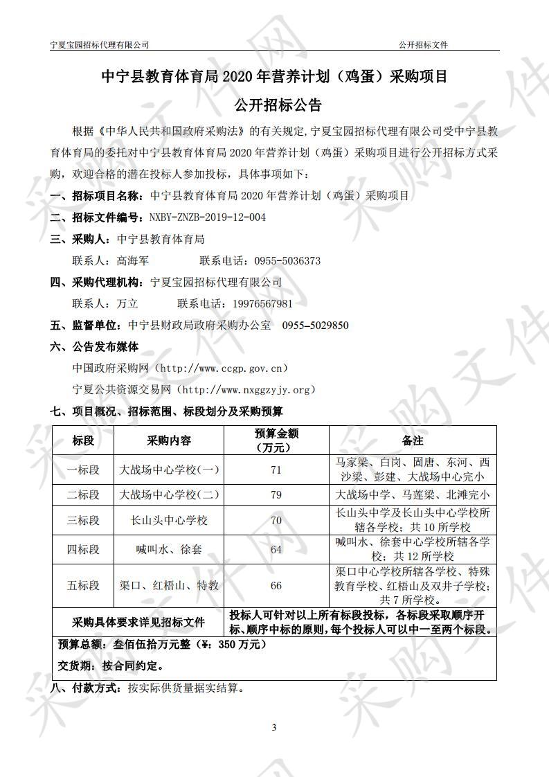 中宁县教育体育局2020年营养计划（鸡蛋）采购项目（一标段）、（二标段）、（三标段）、（四标段）、（五标段）