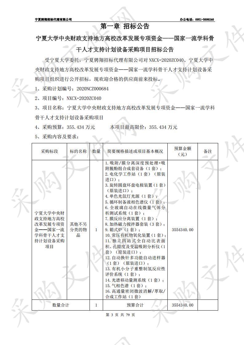 宁夏大学中央财政支持地方高校改革发展专项资金——国家一流学科骨干人才支持计划设备采购项目