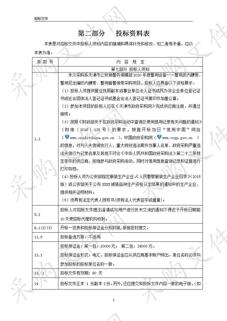 天津市公安局警务保障部2020年度警用设备——警用皮内腰带、警用尼龙编织内腰带、警用普警领带采购项目