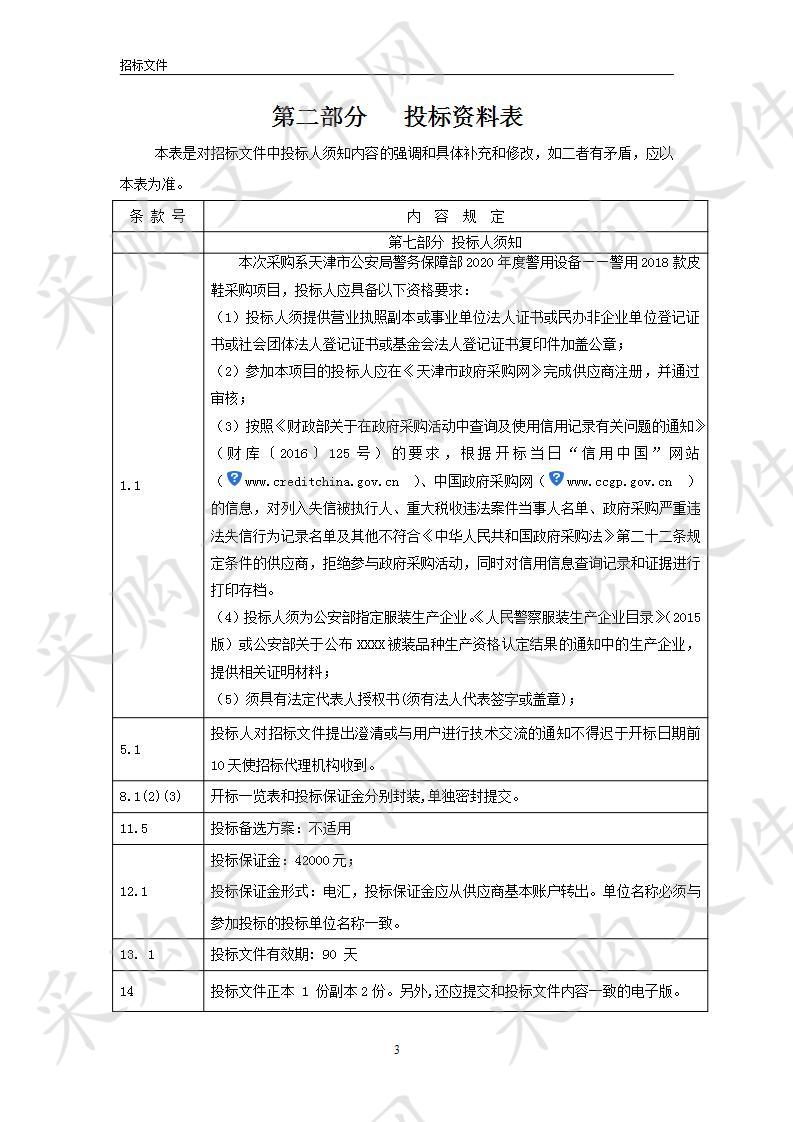 天津市公安局警务保障部2020年度警用设备——警用2018款皮鞋采购项目