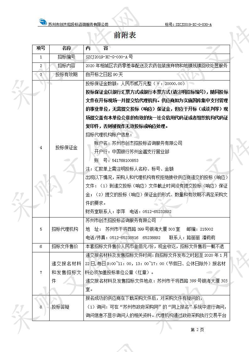 2020年相城区农药零差率配送及农药包装废弃物和地膜残膜回收处置服务