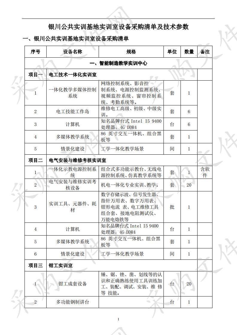 银川公共实训基地实训设备采购项目