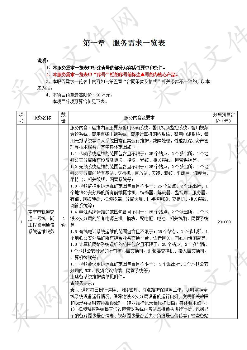 南宁市公安局南宁市轨道交通一号线一期工程警用通信系统运维服务采购