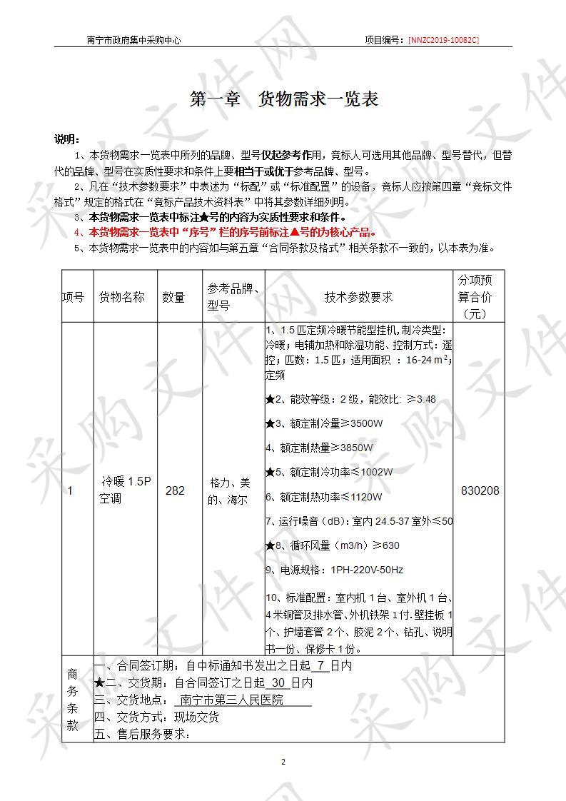 南宁市第三人民医院冷暖1.5P空调采购