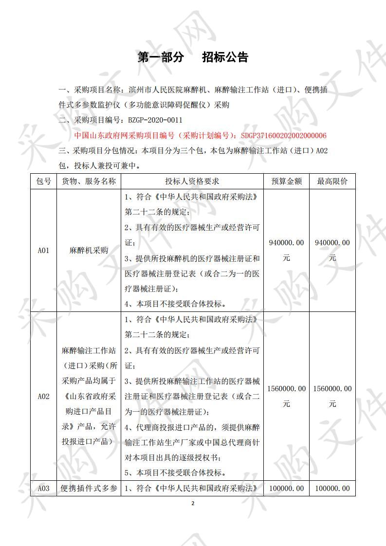 滨州市人民医院麻醉机、麻醉输注工作站（进口）、便携插件式多参数监护仪（多功能意识障碍促醒仪）采购（二包）