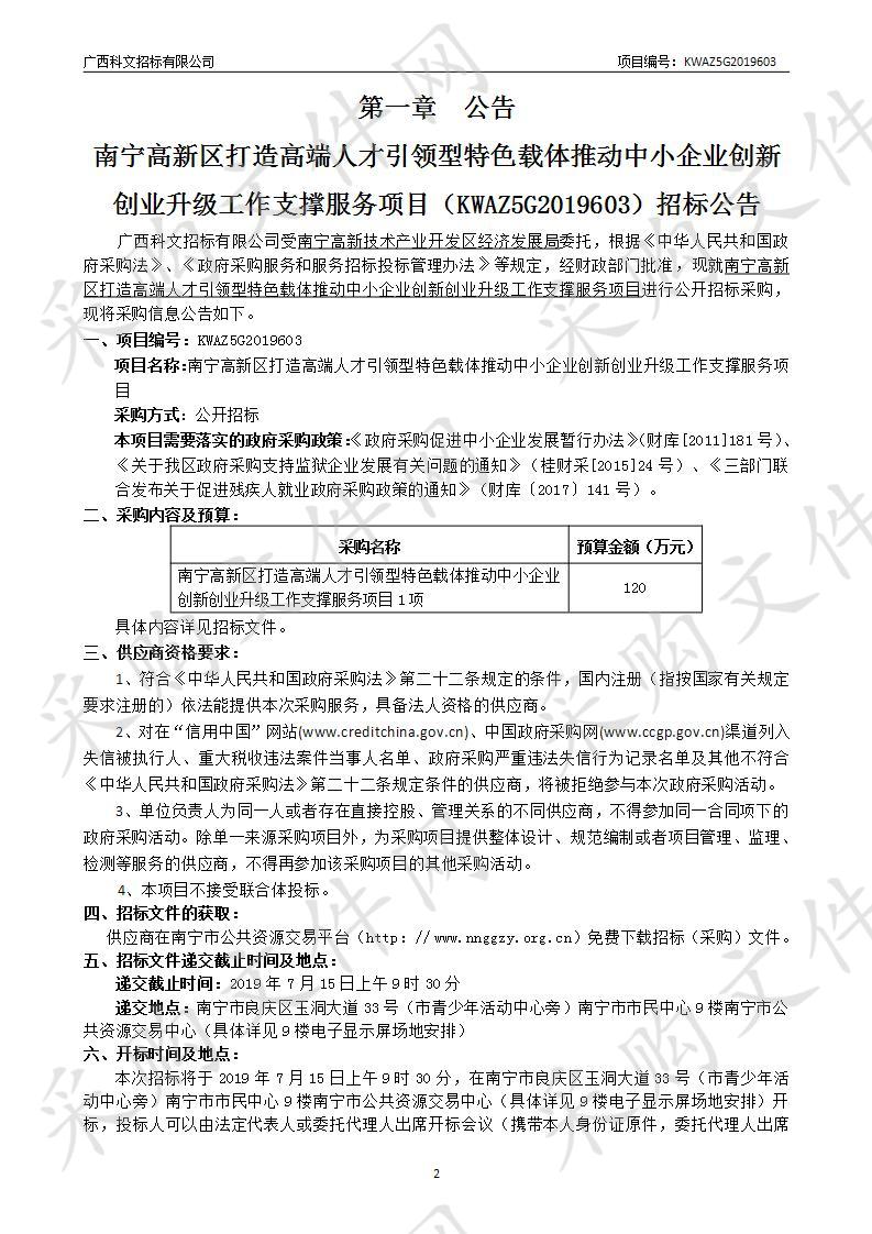 南宁高新区打造高端人才引领型特色载体推动中小企业创新创业升级工作支撑服务项目