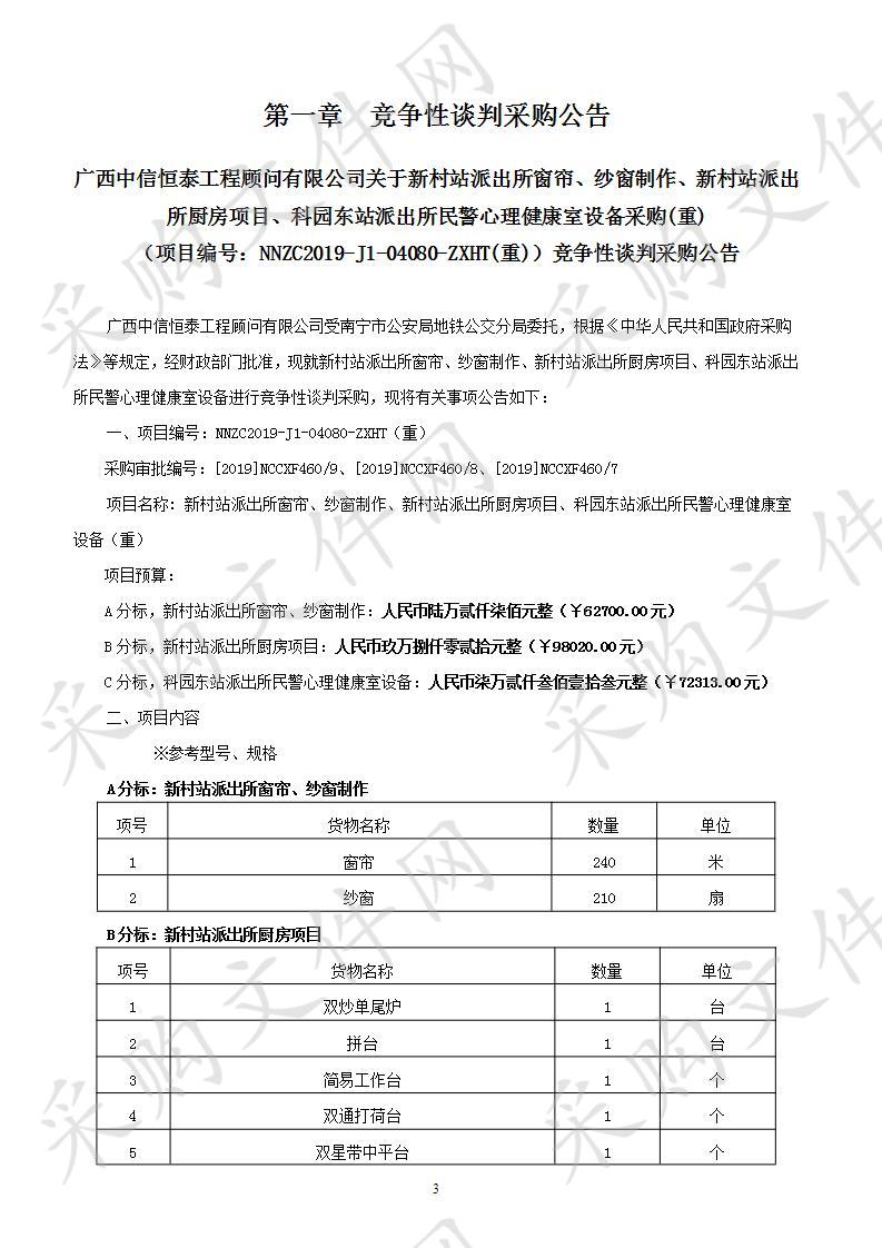 新村站派出所窗帘、纱窗制作、新村站派出所厨房项目、科园东站派出所民警心理健康室设备（重）