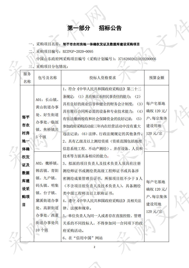 邹平市农村房地一体确权发证及数据库建设采购项目