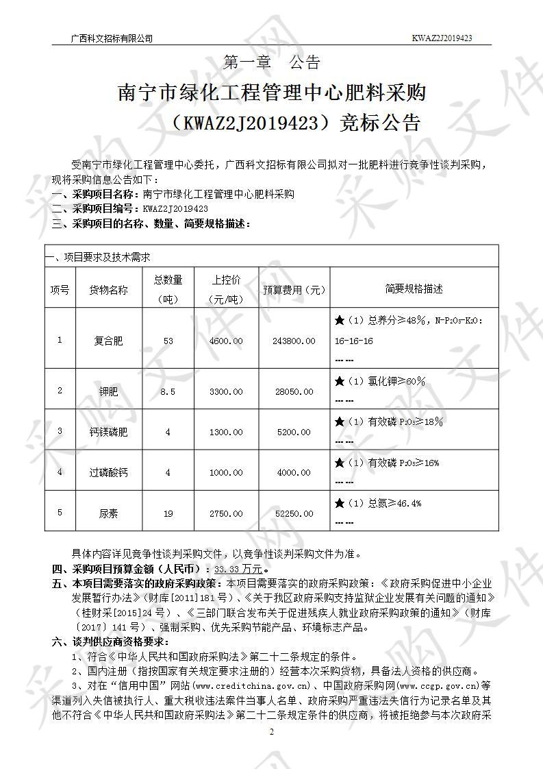 南宁市绿化工程管理中心肥料采购