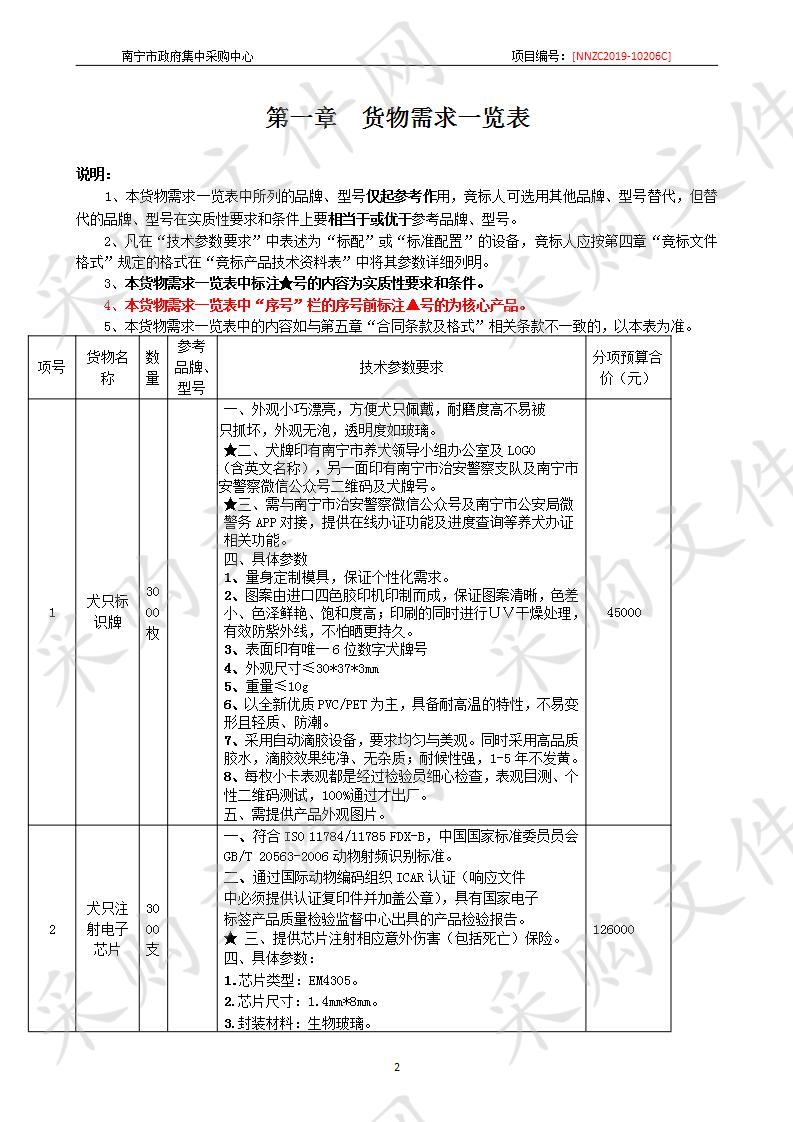 南宁市公安局治安警察支队犬只标识牌、犬只注射电子芯片和电子芯片扫描仪采购