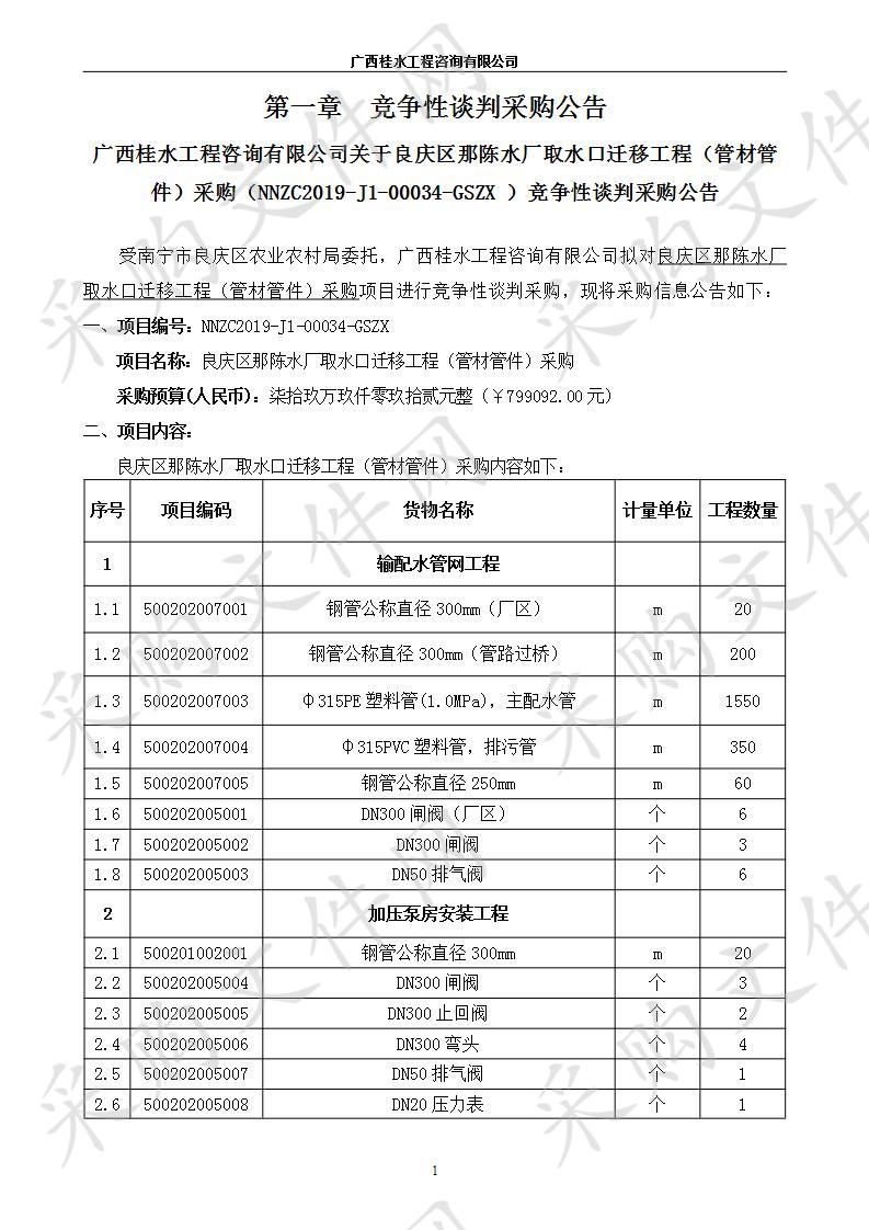 良庆区那陈水厂取水口迁移工程（管材管件）采购