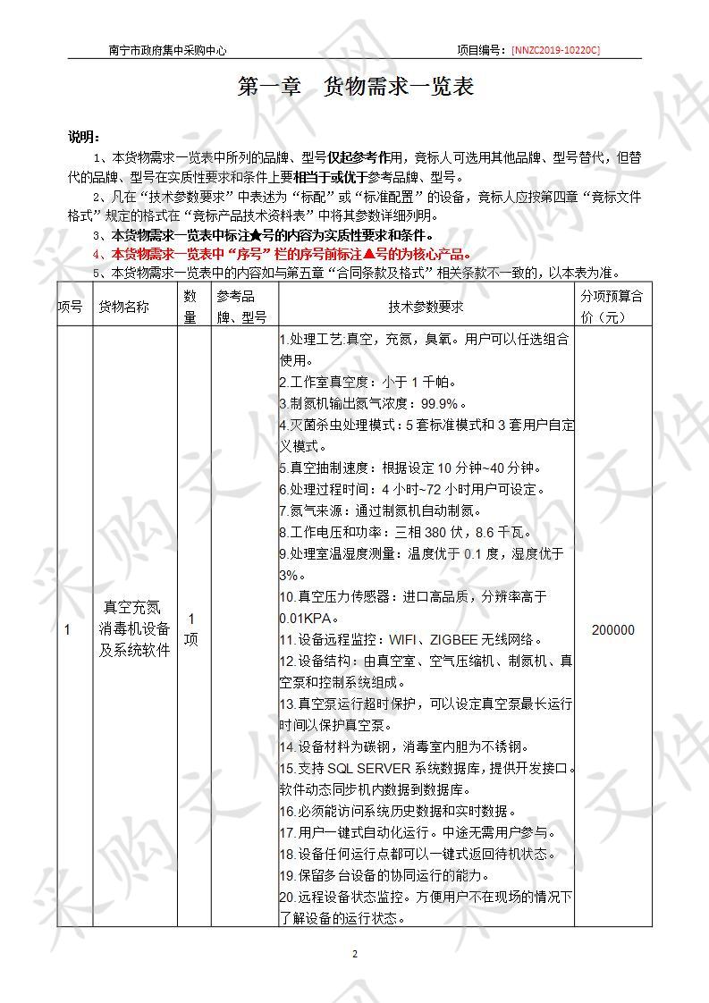  南宁市国家档案馆真空充氮消毒机设备及系统软件采购