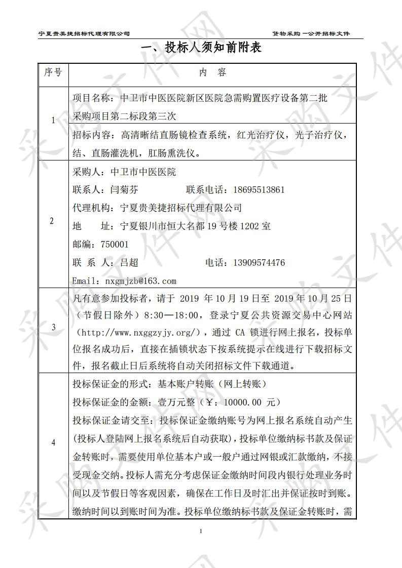 中卫市中医医院新区医院急需购置医疗设备第二批采购项目第二标段