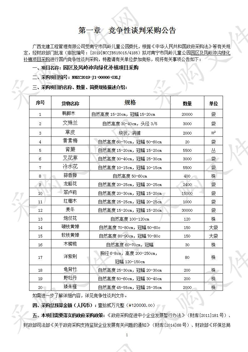 南宁市凤岭儿童公园园区及凤岭冲沟绿化补植项目采购