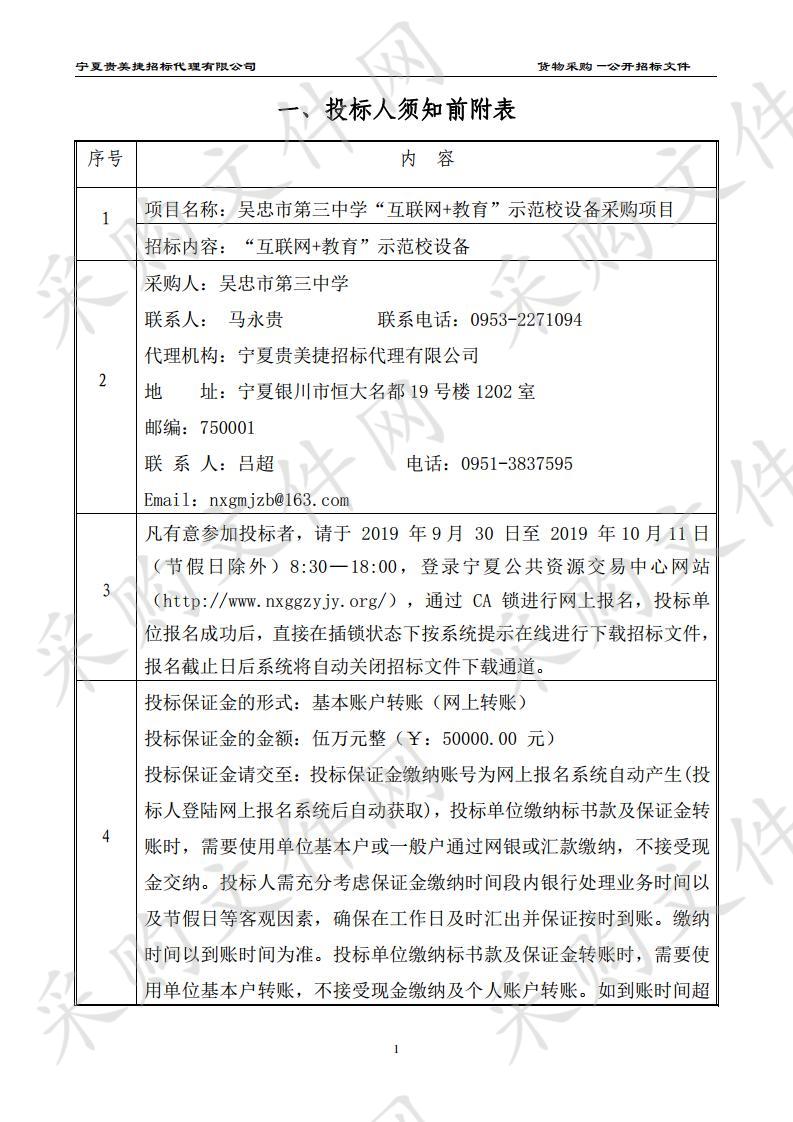 吴忠市第三中学“互联网+教育”示范校设备采购项目