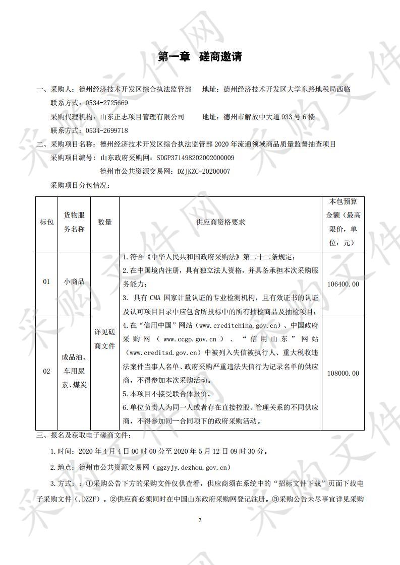 德州经济技术开发区综合执法监管部2020年流通领域商品质量监督抽查项目