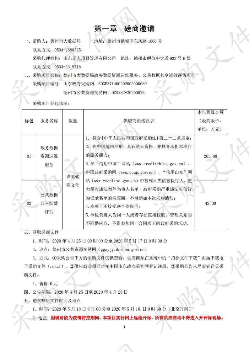 德州市大数据局政务数据资源运维服务、公共数据共享绩效评估项目