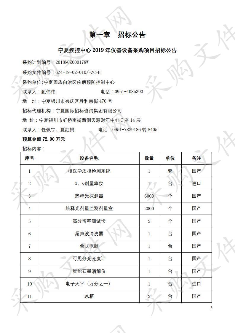 宁夏疾控中心2019年仪器设备采购项目