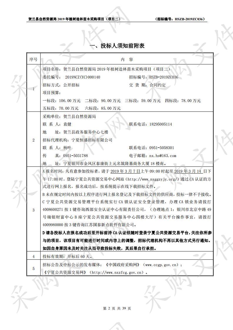 贺兰县自然资源局2019年植树造林苗木采购项目