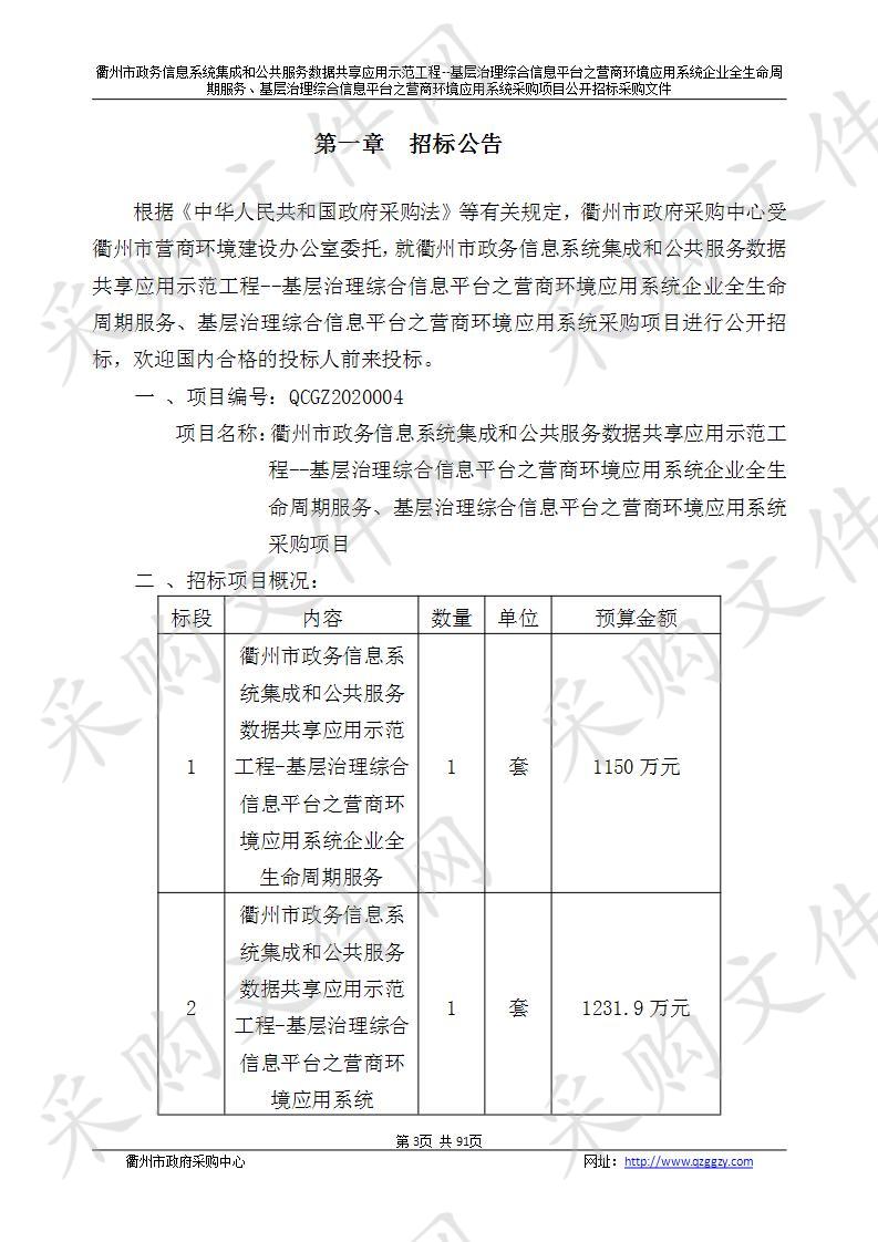 衢州市政务信息系统集成和公共服务数据共享应用示范工程--基层治理综合信息平台之营商环境应用系统企业全生命周期服务、基层治理综合信息平台之营商环境应用系统采购项目（标项一）