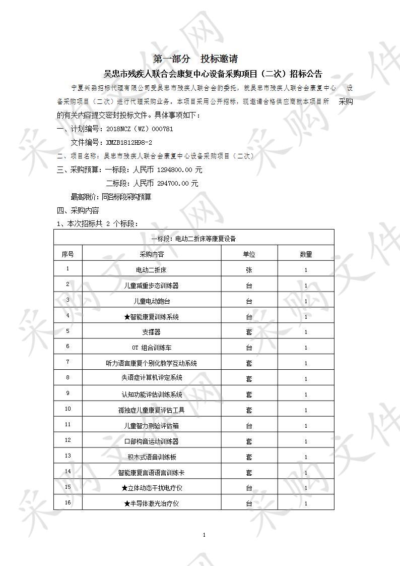 吴忠市残疾人联合会康复中心设备采购项目