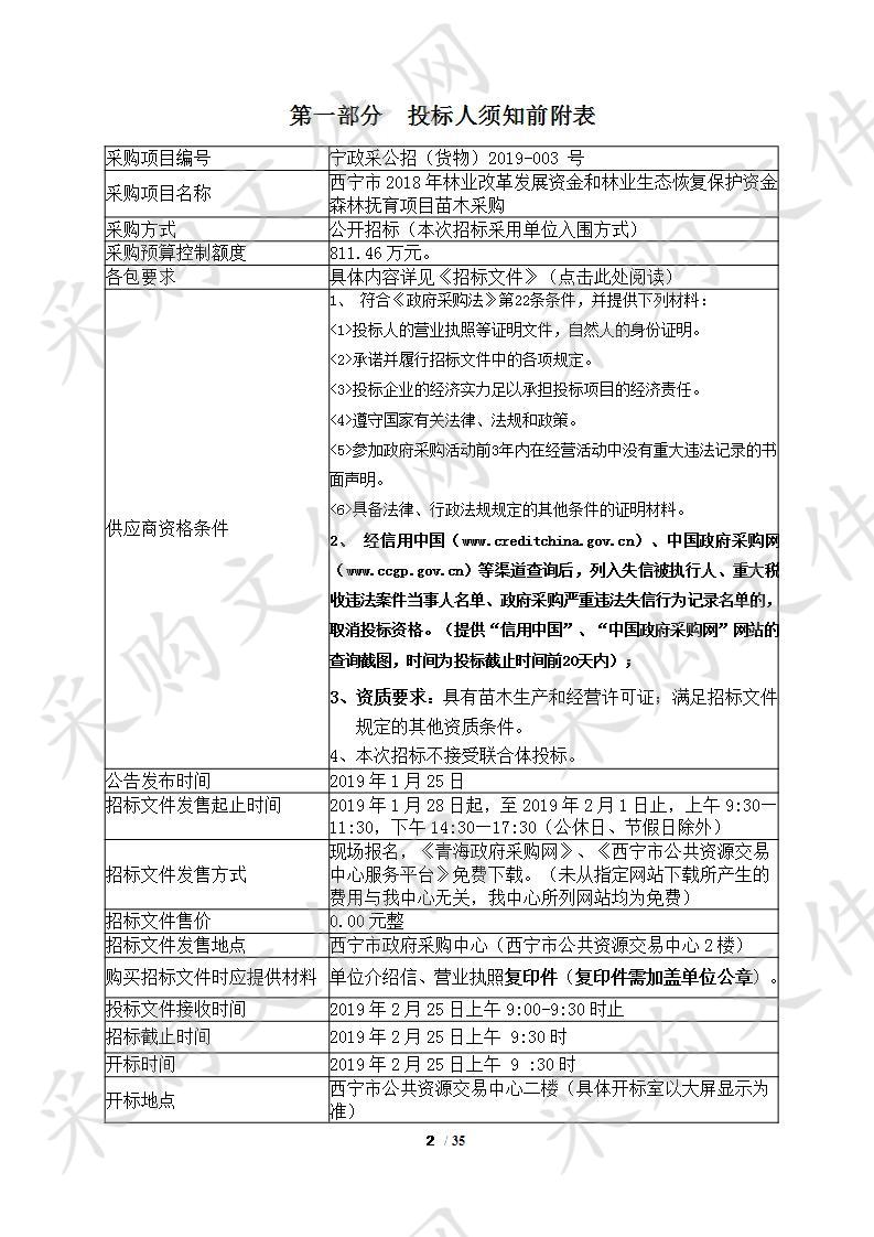 西宁市2018年林业改革发展资金和林业生态恢复保护资金森林抚育项目苗木采购