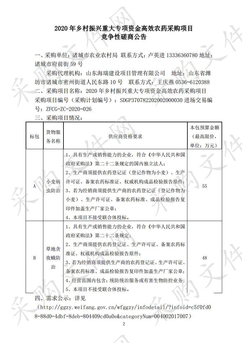 2020年乡村振兴重大专项资金高效农药采购项目(A包）