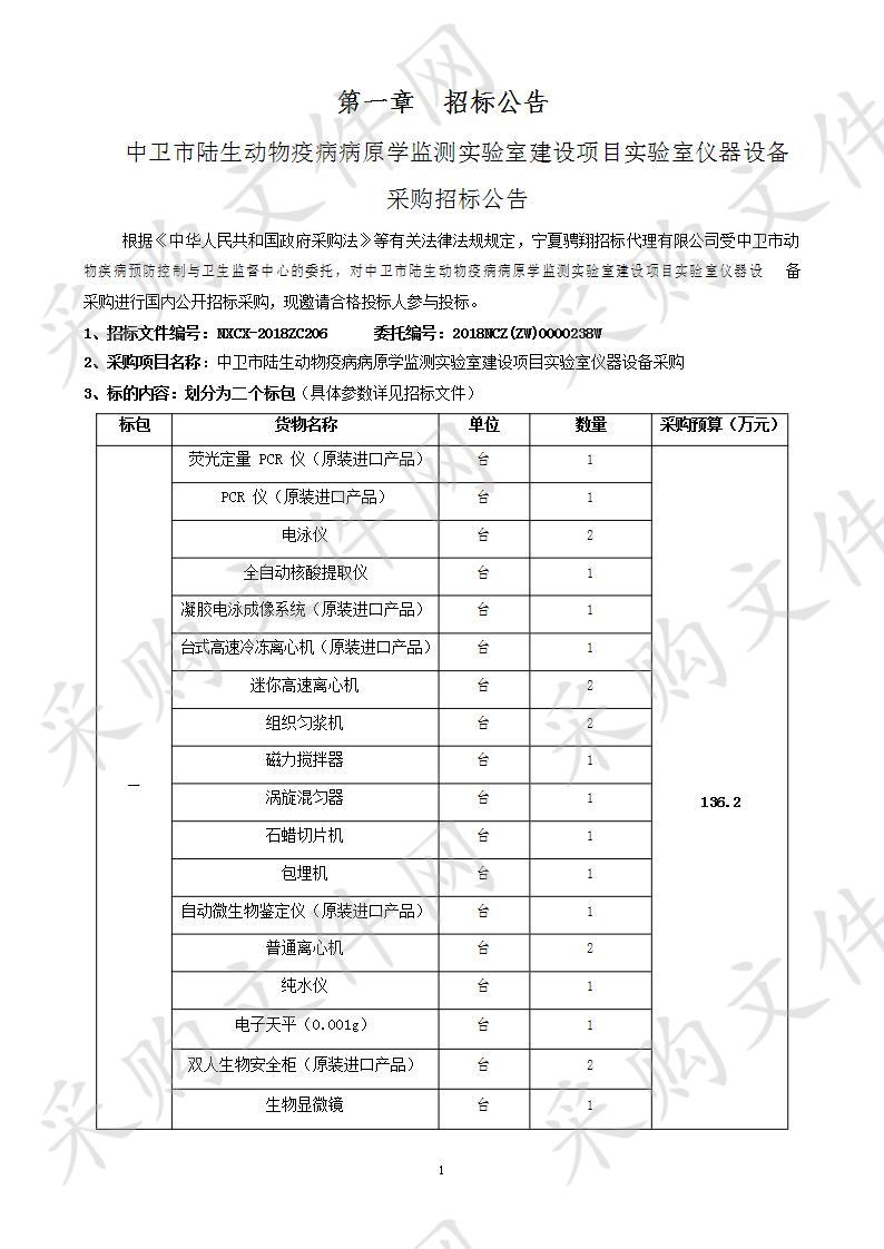 中卫市陆生动物疫病病原学监测实验室建设项目实验室仪器设备