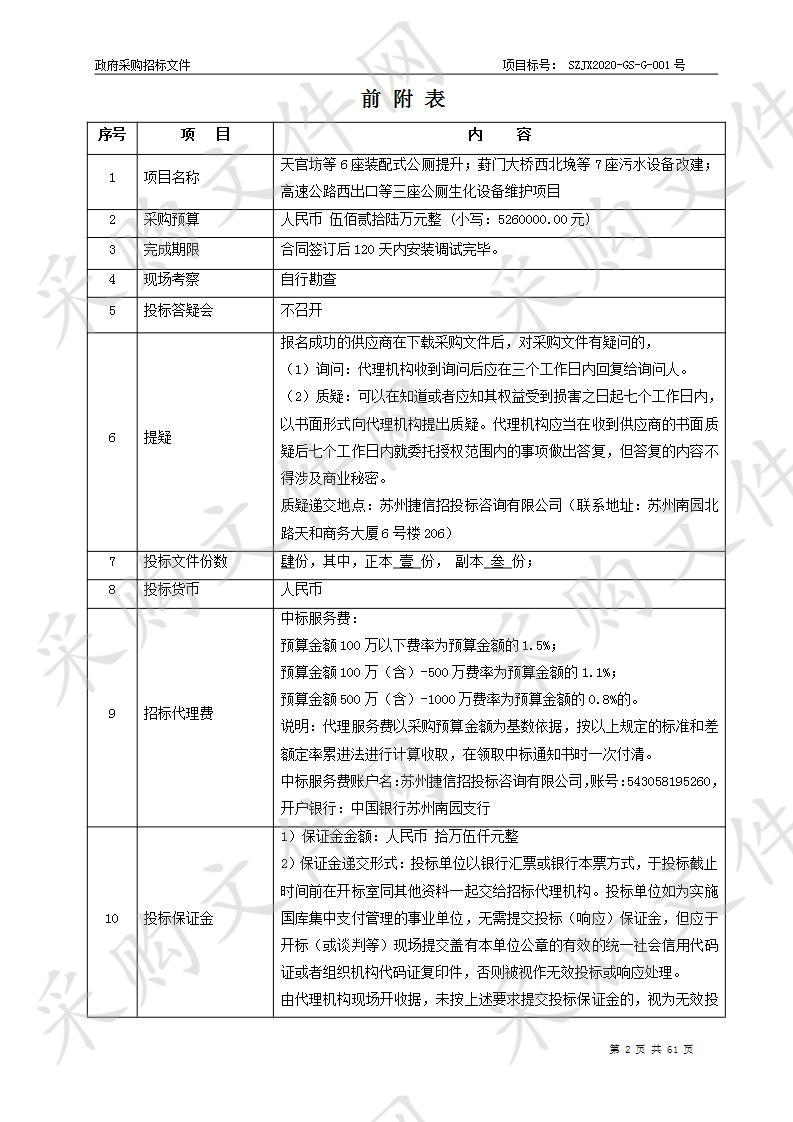 天官坊等6座装配式公厕提升；葑门大桥西北堍等7座污水设备改建；高速公路西出口等三座公厕生化设备维护项目