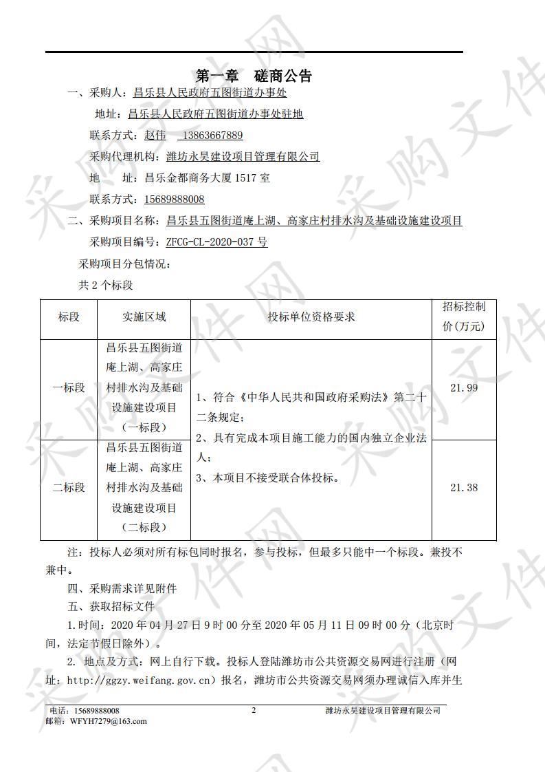 昌乐县五图街道庵上湖、高家庄村排水沟及基础设施建设项目