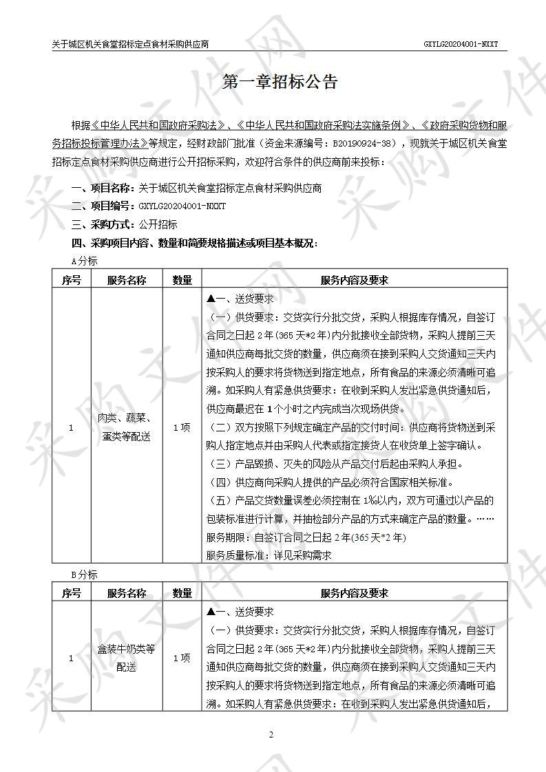 关于城区机关食堂招标定点食材采购供应商（A分标）