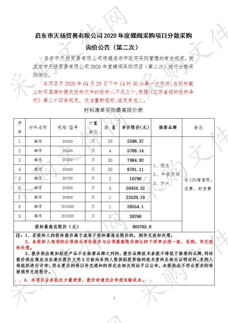 启东市天扬贸易有限公司2020年度蝶阀采购项目（第二次）