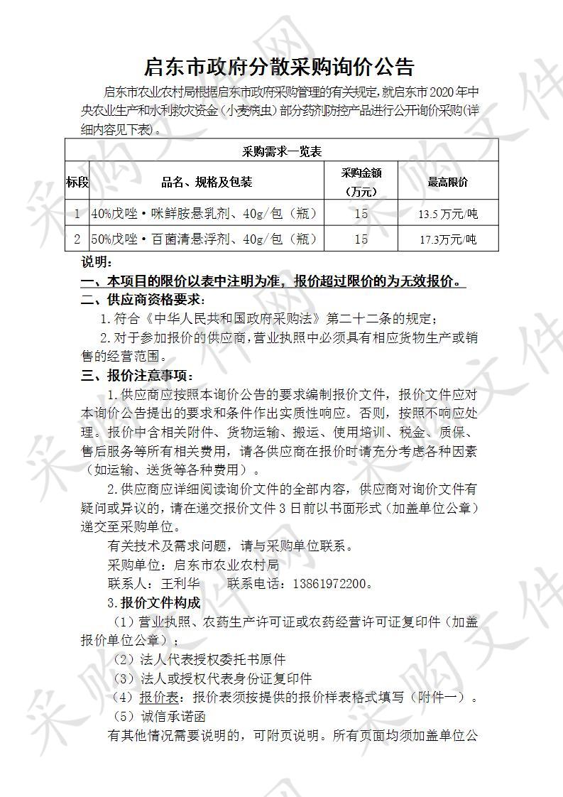 启东市2020年小麦病虫部分药剂防控产品